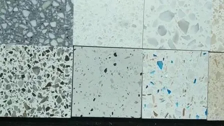 Terrazo artificial marrón, gris, blanco, negro, azul, beige y rosa para paredes, suelos y baldosas interiores y exteriores.